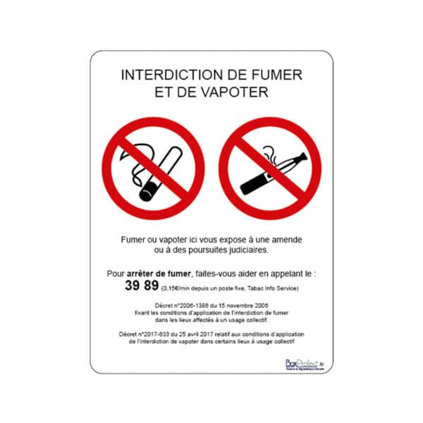 Panneau légal "Interdit de fumer et de vapoter"
