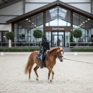 Mannequin de débourrage Gilbert Junior sur poney dans un manège – outil d’entraînement pour poneys et shetlands BoxProtec
