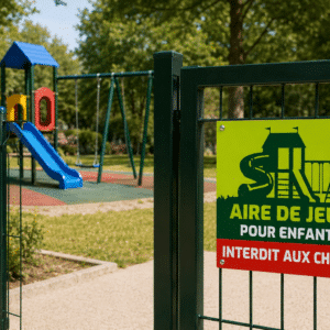 Panneau Aire de Jeux Enfants Interdit aux Chiens installé sur le portillon d'une aire de jeux