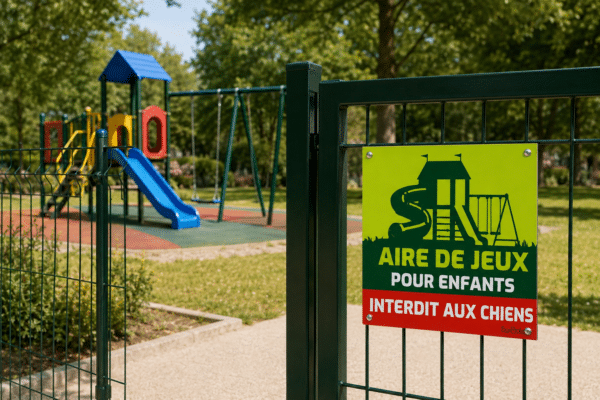 Panneau Aire de Jeux Enfants Interdit aux Chiens installé sur le portillon d'une aire de jeux
