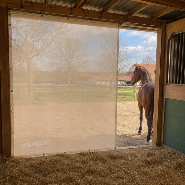 Tenture de box sur mesure – entrée libre vers le paddock Tenture de box sur mesure microperforée BoxProtec vue de l'intérieur, cheval sortant librement vers le paddock