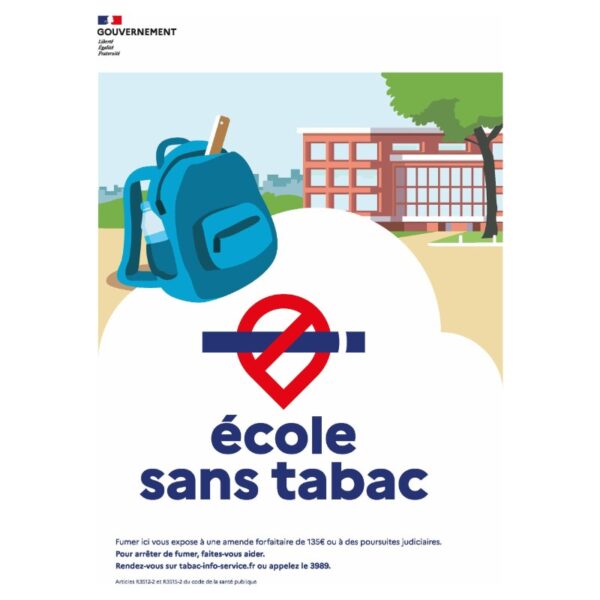 Panneau officiel École sans tabac, illustration cartable et bâtiment scolaire