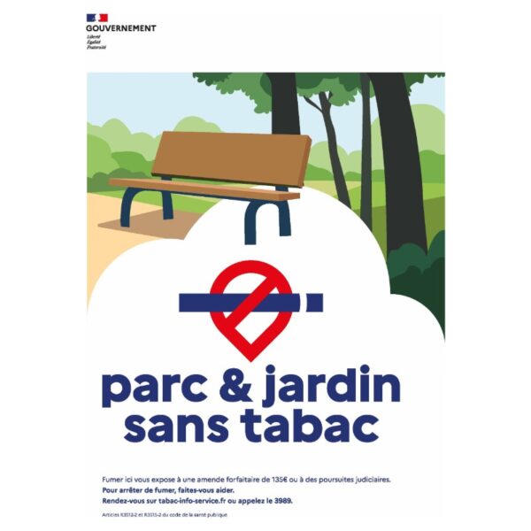 Panneau officiel Parc et jardin sans tabac, illustration banc et arbres