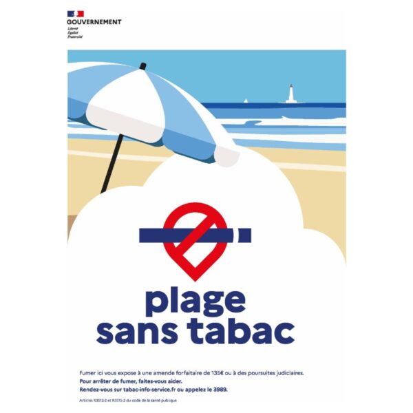 Panneau officiel Plage sans tabac, illustration parasol et bord de mer